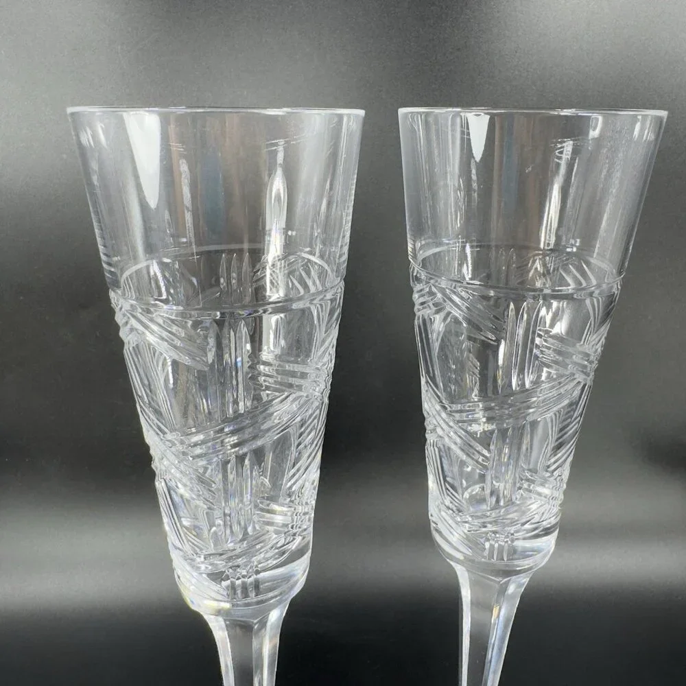 Mikasa Crystal Cross Track Clear Tall Crystal Glass Flute Drinking Glasses Set 2